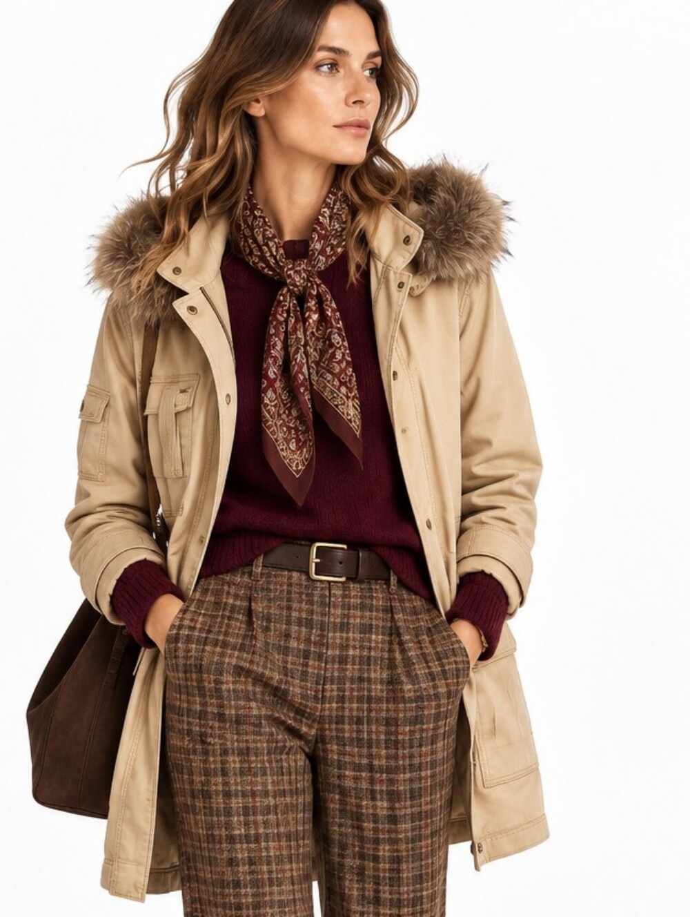 Cabi Nanook Tan Utility Coat Faux Fur trim hood